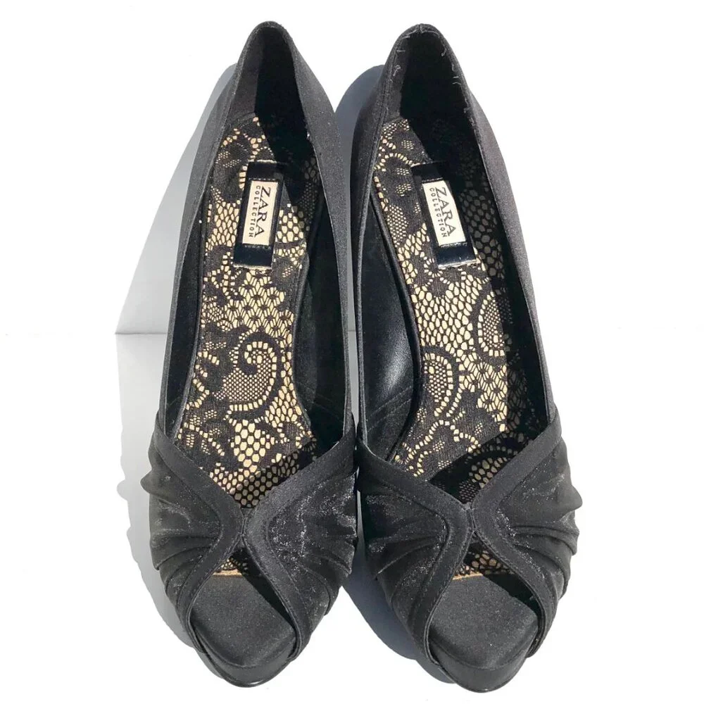 Zara Collection peep toe heels 37 black satin patent platform pump evening party